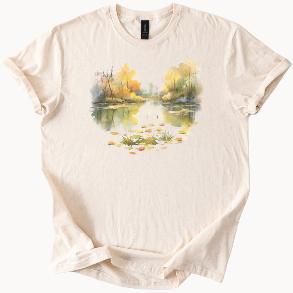 Autumn Lake Watercolor Graphic T Shirt Nature Pond Scene Fall Trees Art Tee